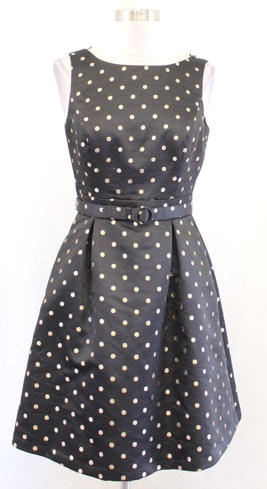 White House Black Market Metallic Gold Polka Dot Belted Fit and Flare Dress Sz 2