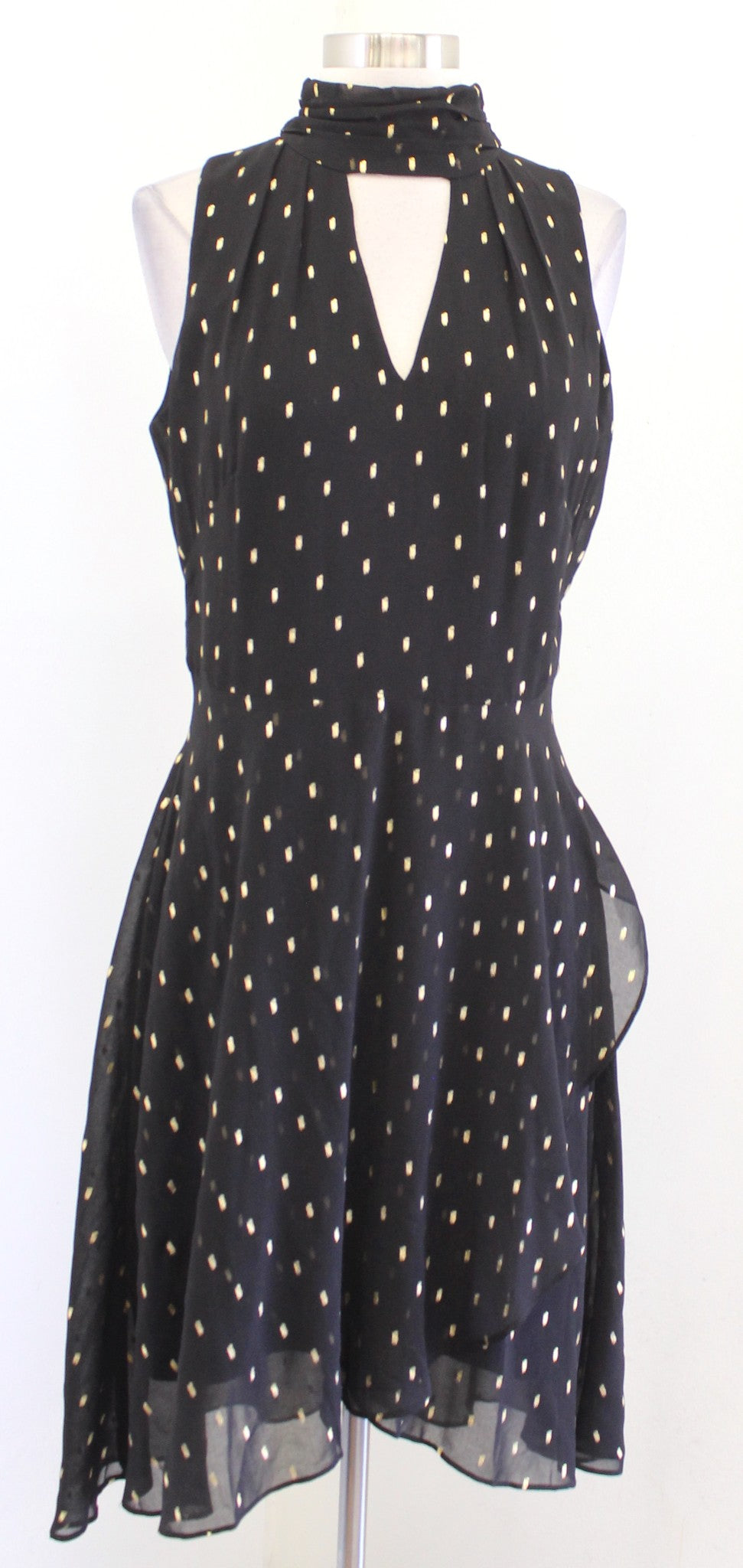 White House Black Market Black Gold Metallic Mock Neck Keyhole A Line Dress Sz 6