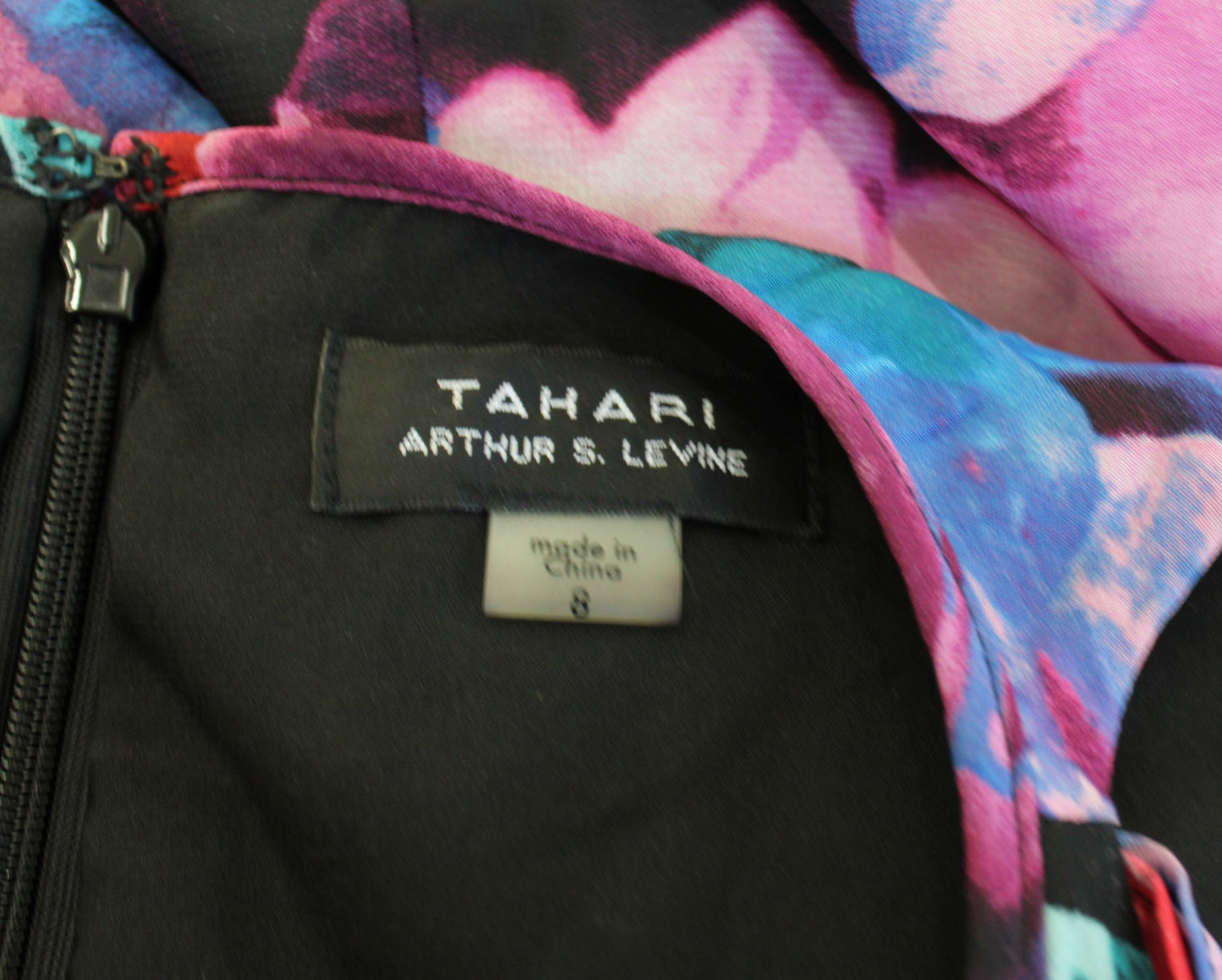 Tahari ASL Levine Watercolor Floral Ruffle Chiffon Shift Dress Size 8 Black Pink