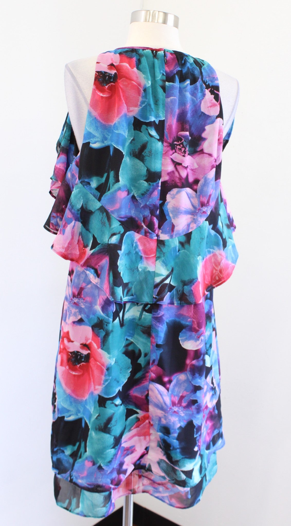 Tahari ASL Levine Watercolor Floral Ruffle Chiffon Shift Dress Size 8 Black Pink