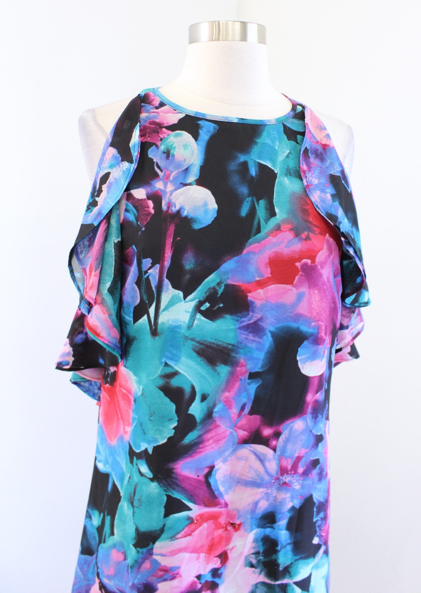 Tahari ASL Levine Watercolor Floral Ruffle Chiffon Shift Dress Size 8 Black Pink