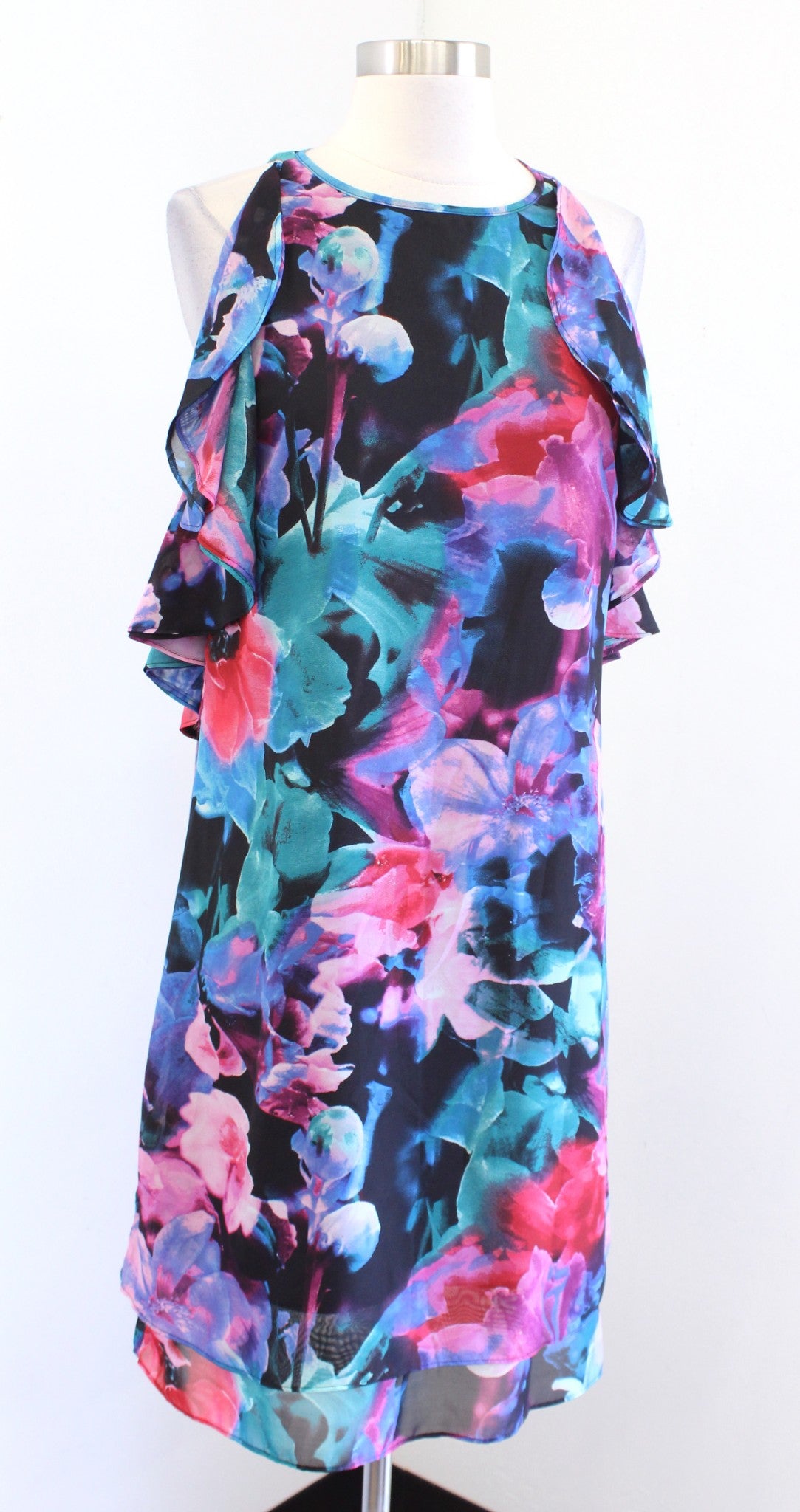 Tahari ASL Levine Watercolor Floral Ruffle Chiffon Shift Dress Size 8 Black Pink