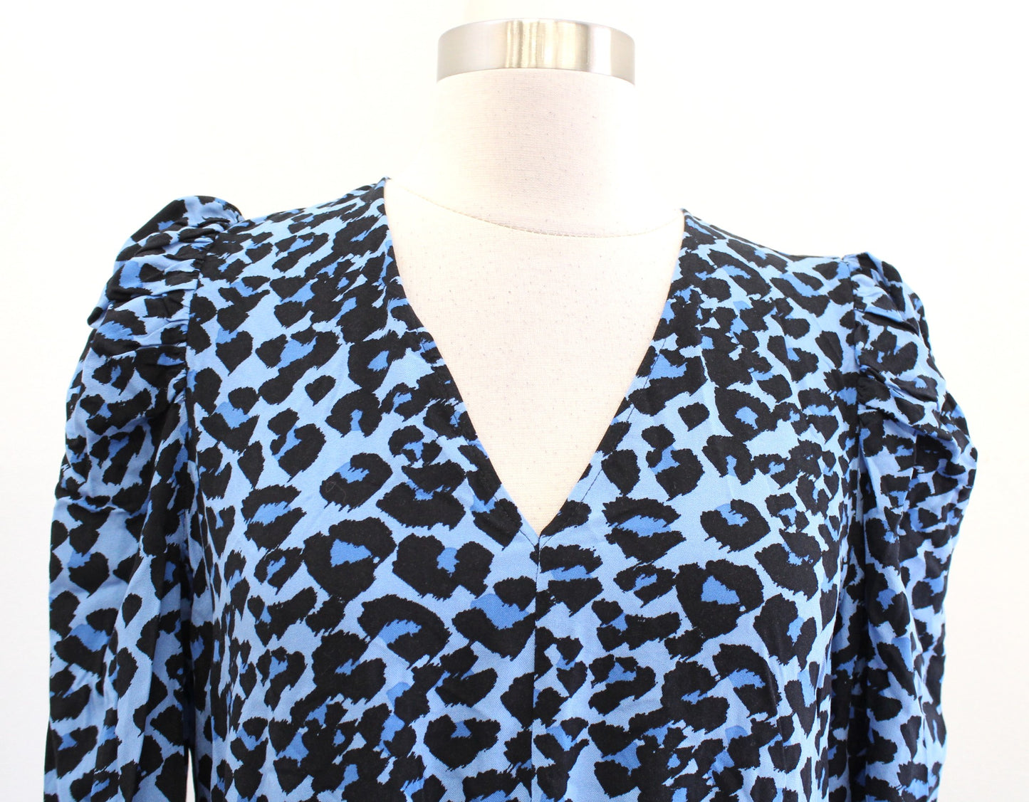 NWT Banana Republic Blue Black Leopard Print Puff Sleeve Midi Dress Size M