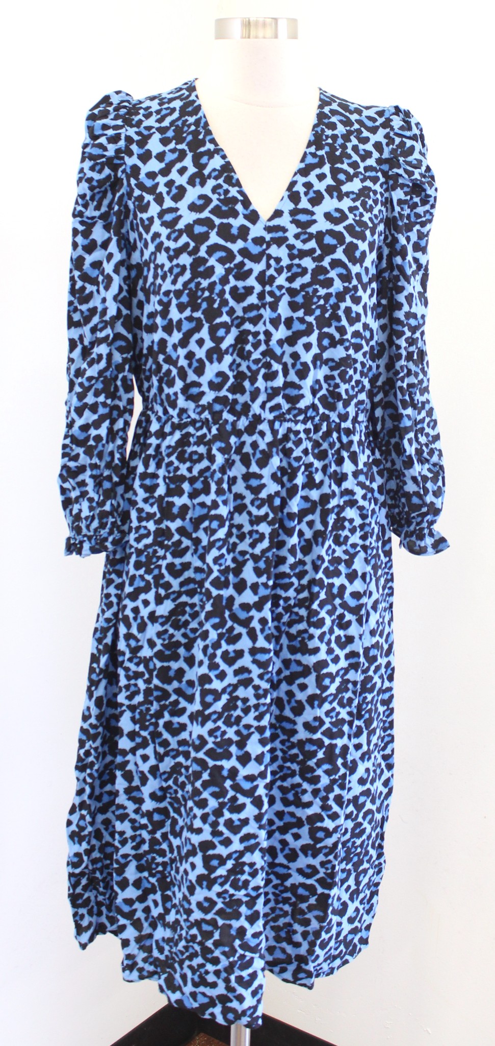 NWT Banana Republic Blue Black Leopard Print Puff Sleeve Midi Dress Size M