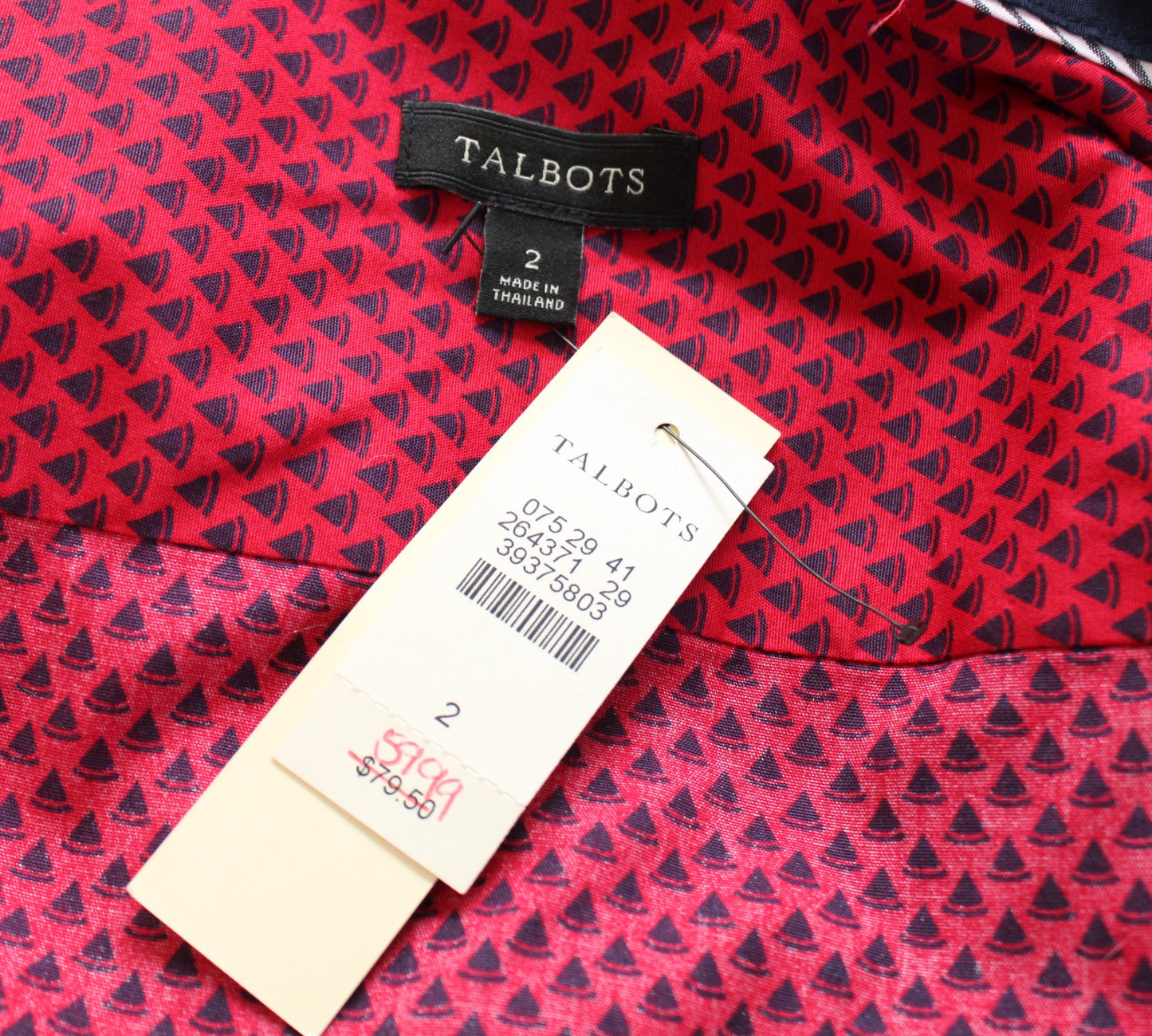 NWT Talbots Red Navy Blue Boat Geometric Print Button Front Shirt Blouse Size 2