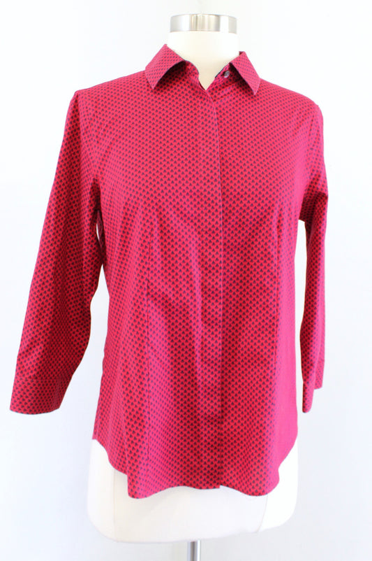 NWT Talbots Red Navy Blue Boat Geometric Print Button Front Shirt Blouse Size 2