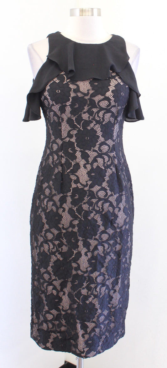 Ivanka Trump Black Floral Lace Illusion Ruffle Trim Sheath Dress Size 2 Cocktail