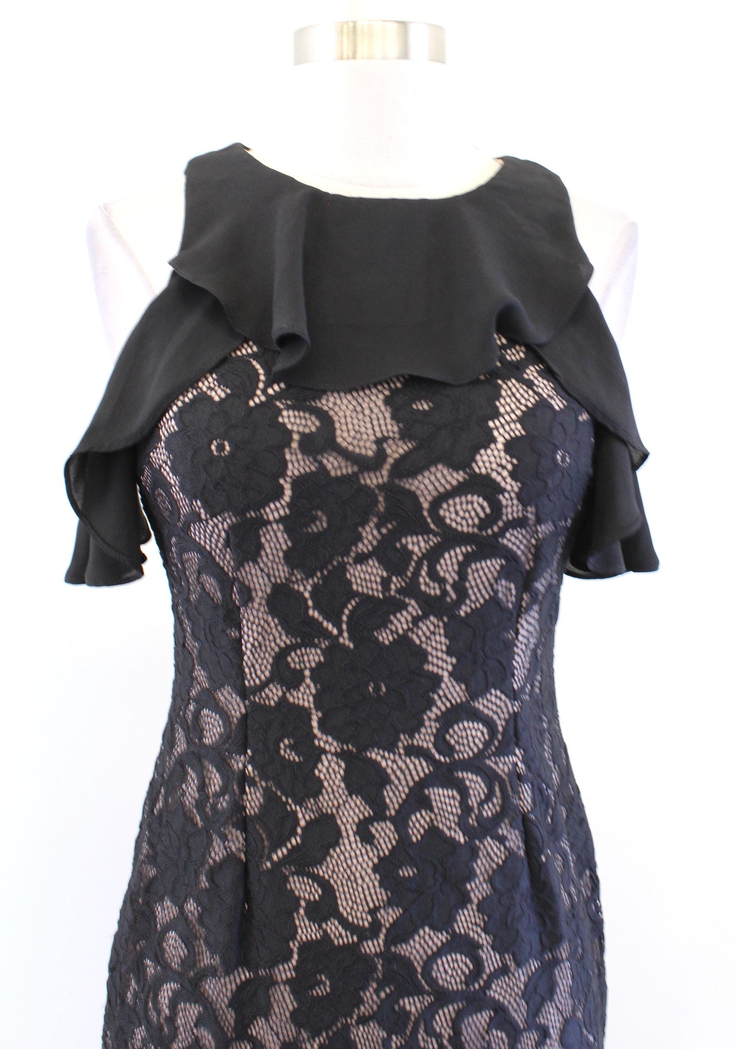 Ivanka Trump Black Floral Lace Illusion Ruffle Trim Sheath Dress Size 2 Cocktail