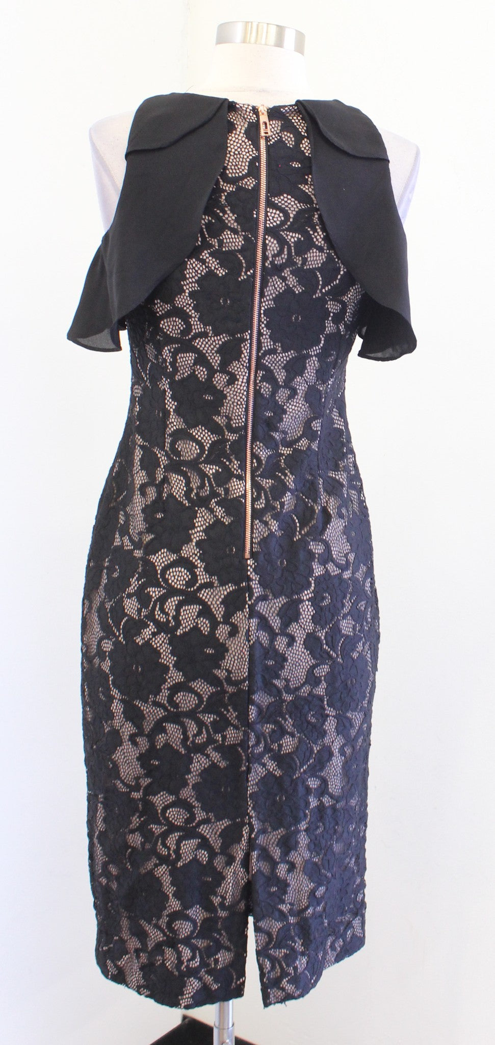 Ivanka Trump Black Floral Lace Illusion Ruffle Trim Sheath Dress Size 2 Cocktail