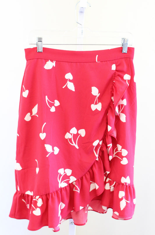 NWT Modcloth Red White Heart Cherry Novelty Print Ruffle Faux Wrap Skirt Size 8