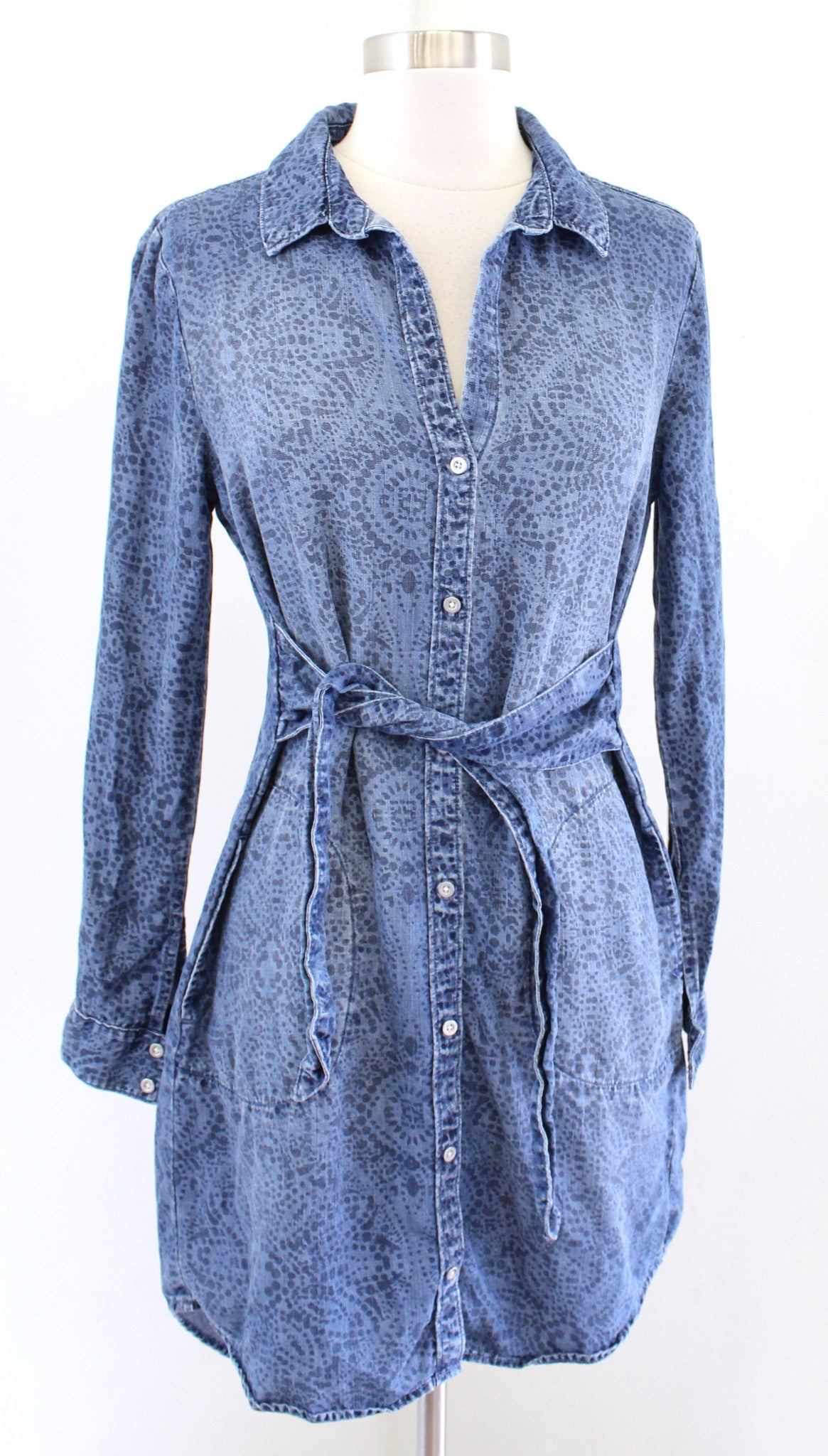 Cloth and Stone Anthropologie Medallion Print Chambray Tie Waist Shirt Dress XS