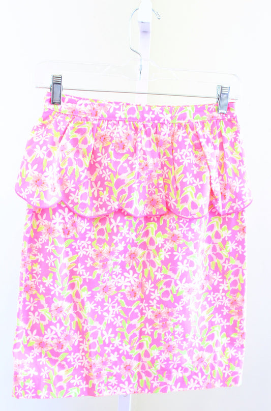 Lilly Pulitzer Neon Fiesta Pink Floral Peplum Thyme Skirt Everything Nice Size 2