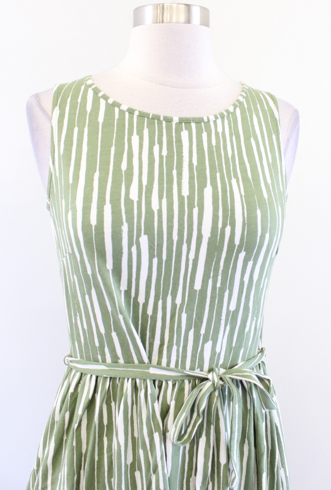 Boden Green White Brushstroke Print Fit and Flare Tie Waist Knit Dress Size 6R 6