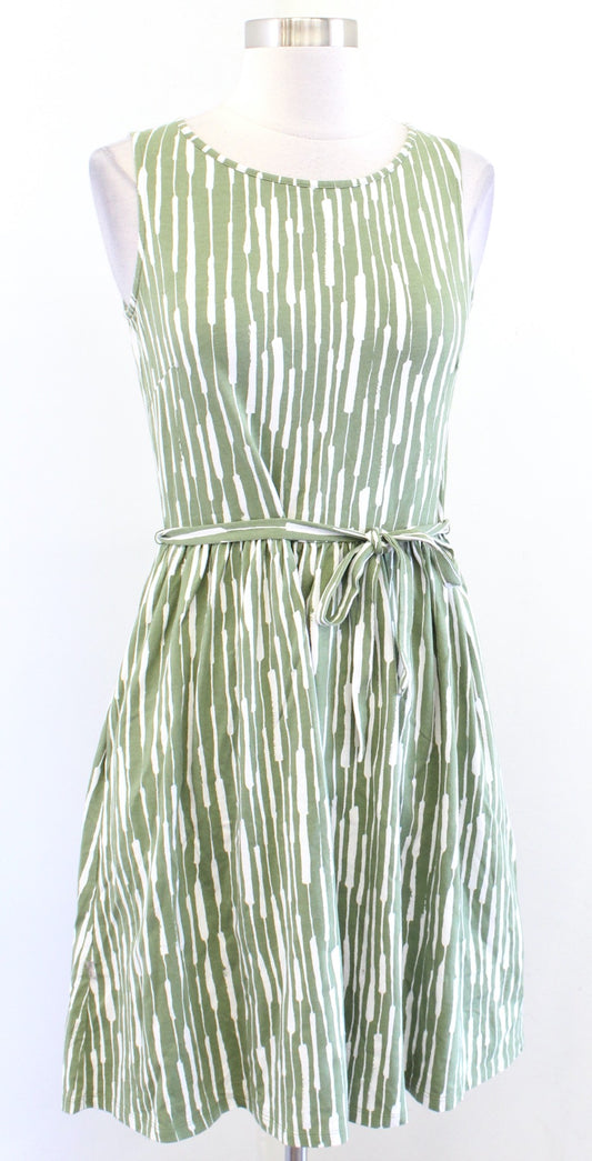 Boden Green White Brushstroke Print Fit and Flare Tie Waist Knit Dress Size 6R 6