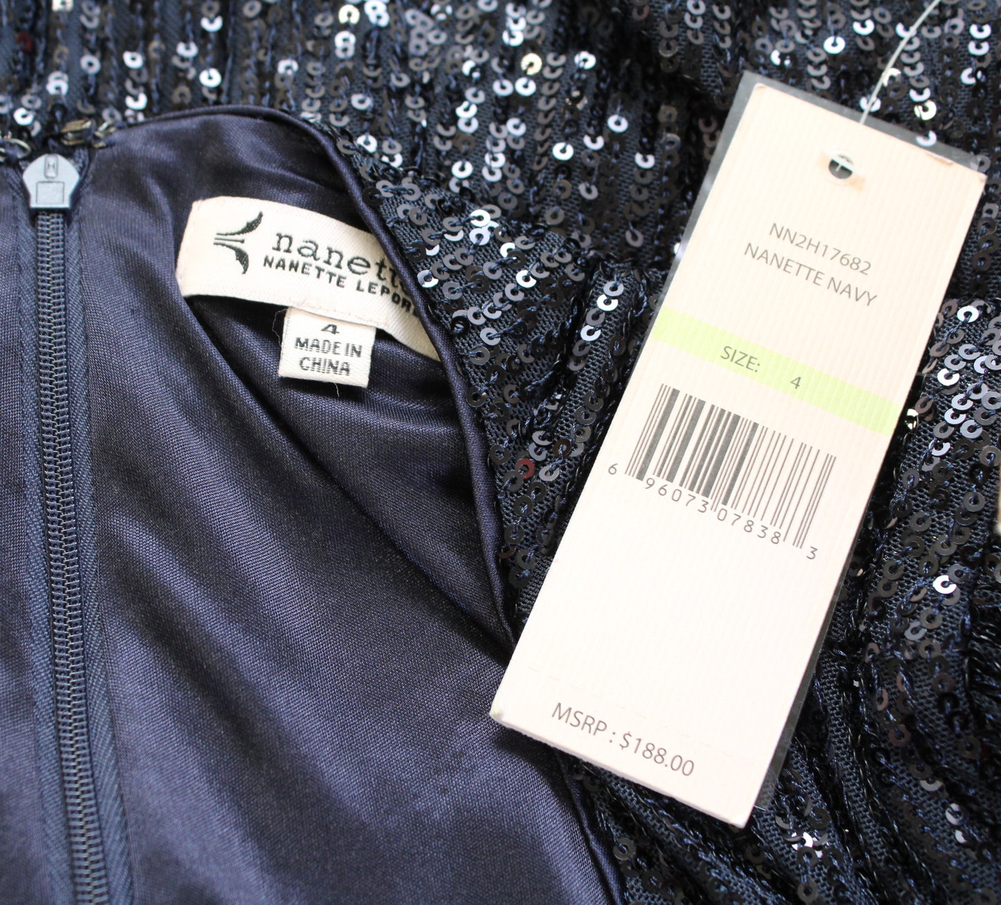 NWT Nanette Lepore Navy Blue Sequin Ruched Faux Wrap Cocktail Party Dress Size 4