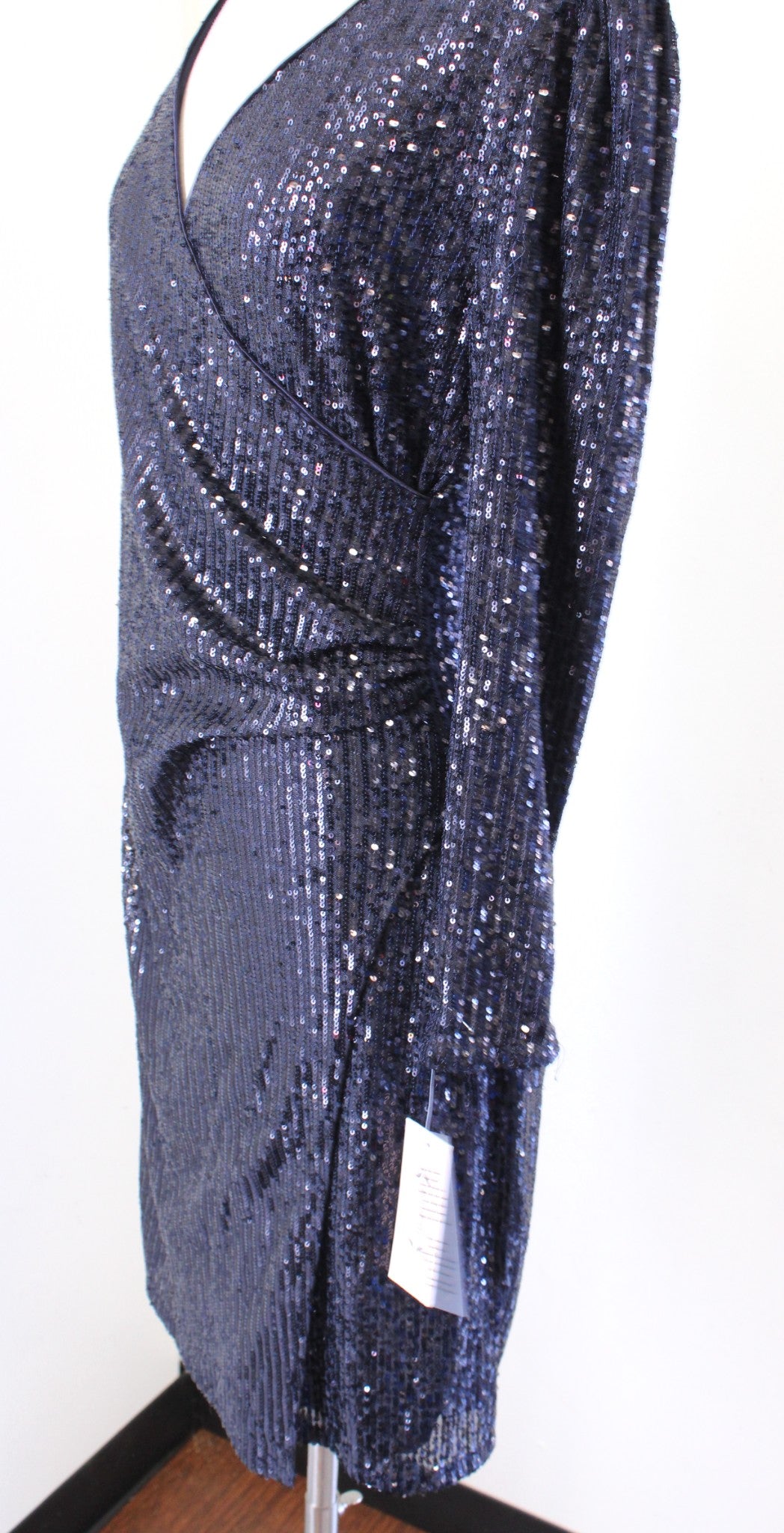 NWT Nanette Lepore Navy Blue Sequin Ruched Faux Wrap Cocktail Party Dress Size 4