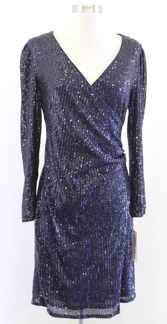 NWT Nanette Lepore Navy Blue Sequin Ruched Faux Wrap Cocktail Party Dress Size 4