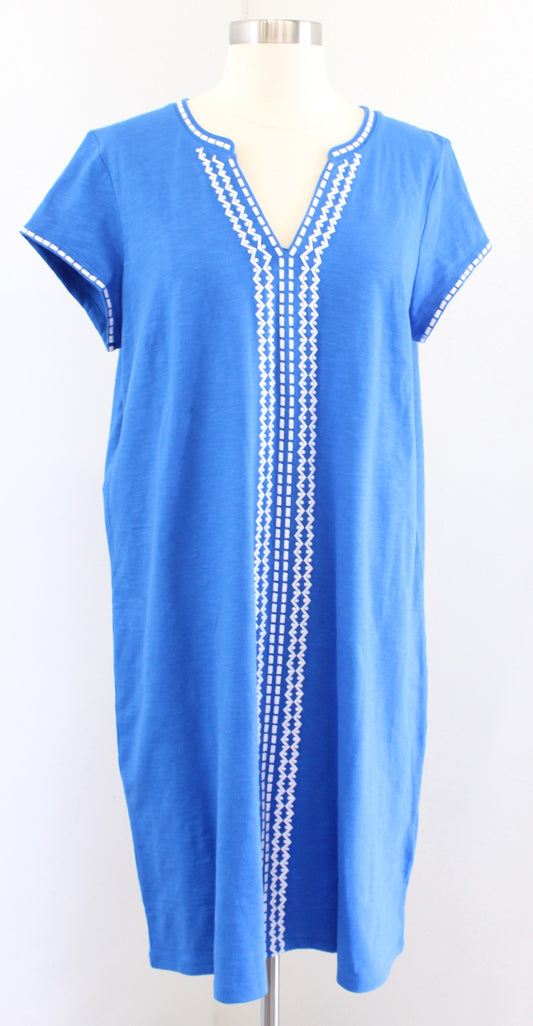 Boden Blue White Embroidered Split Neck Knit Dress Size US 12R 12 Beach Cover