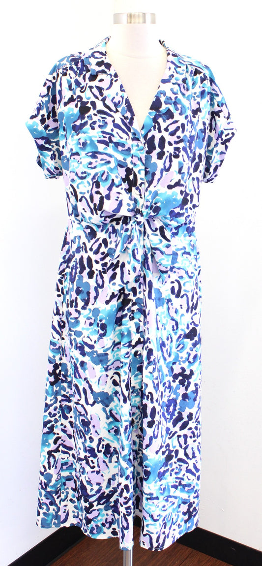 White House Black Market Leopard Print Twist Tie Front Midi Shirt Dress Blue 8