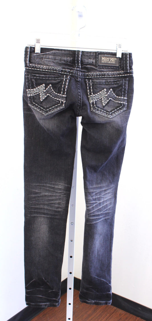 Miss Me Jeans Black Gray Distressed Wash Skinny Jeans Size 26 Embroidered