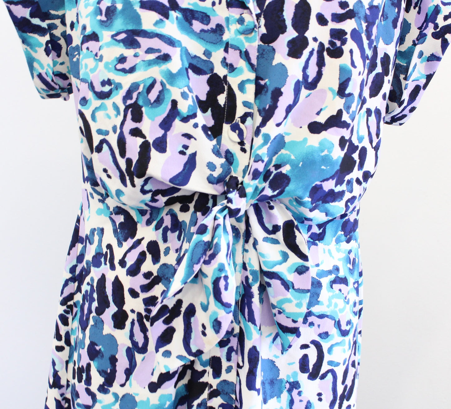 White House Black Market Leopard Print Twist Tie Front Midi Shirt Dress Blue 8