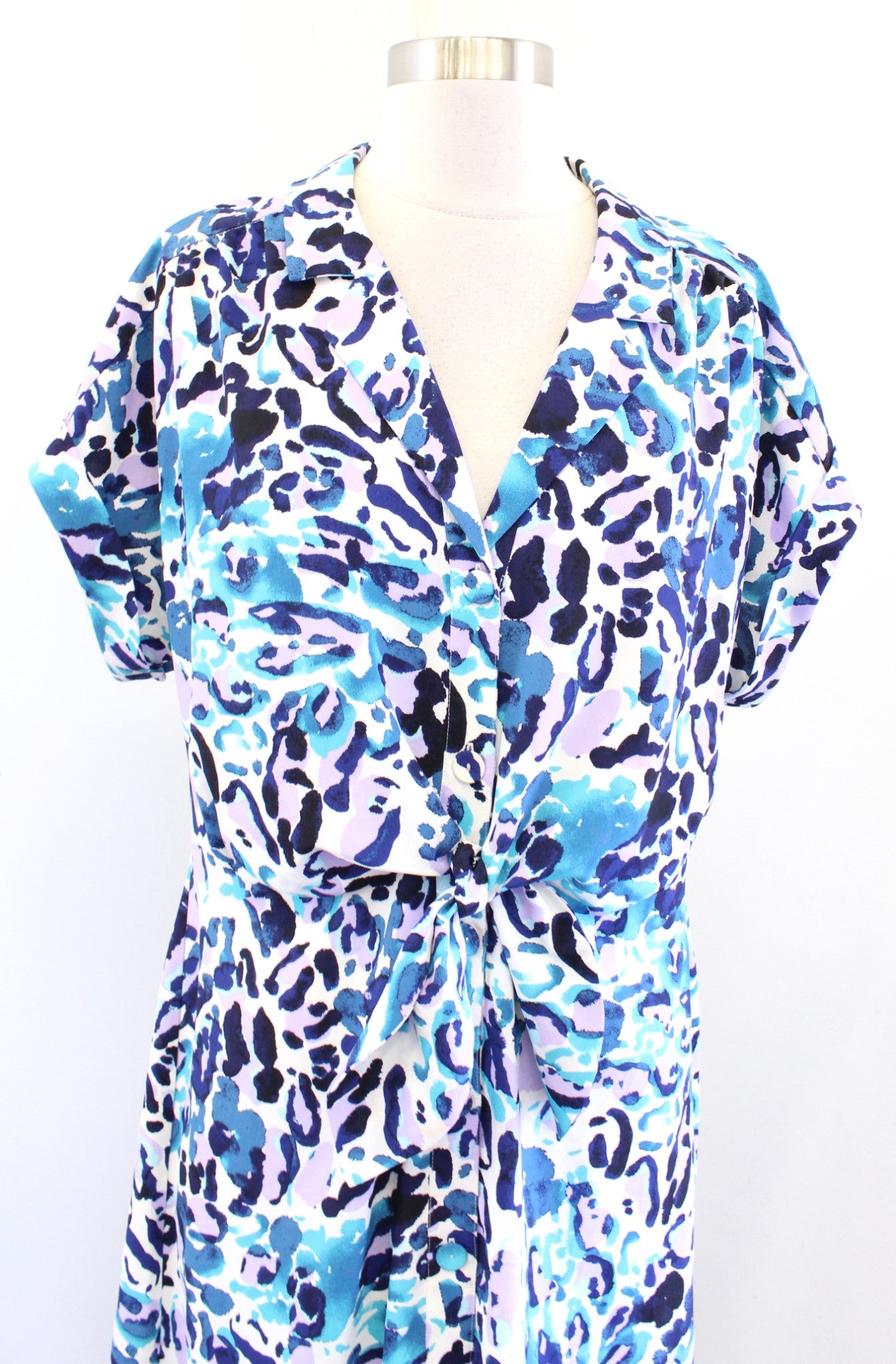 White House Black Market Leopard Print Twist Tie Front Midi Shirt Dress Blue 8