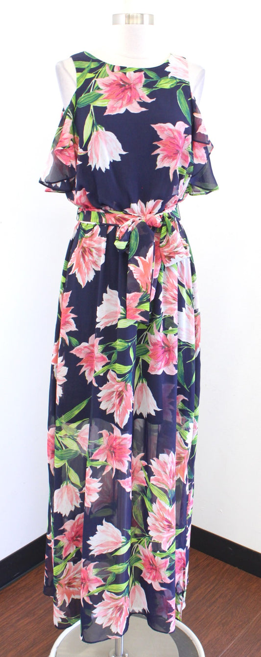 Eliza J Navy Blue Floral Print Flutter Cold Shoulder Tie Waist Maxi Dress Size 4