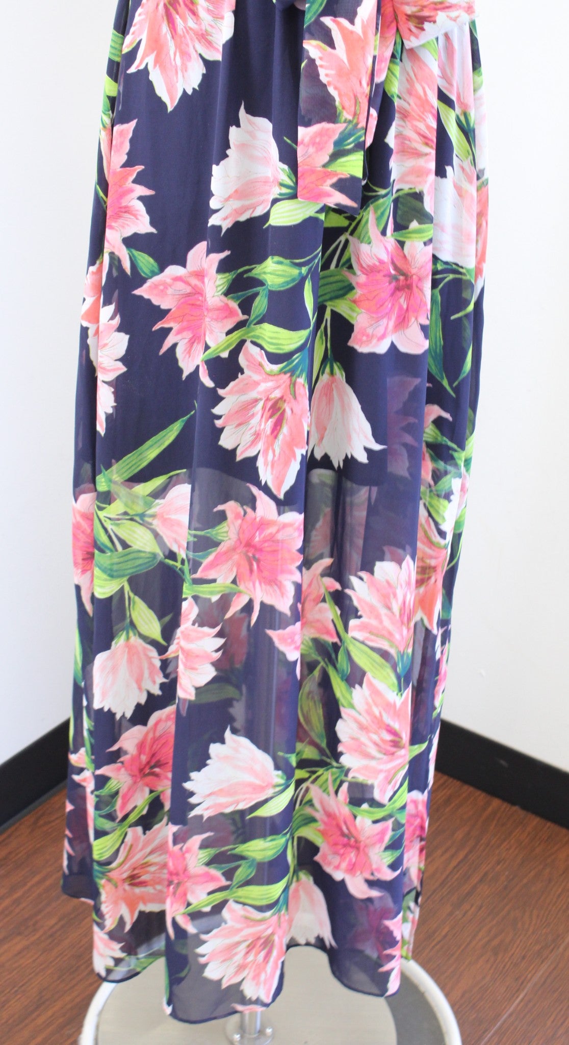 Eliza J Navy Blue Floral Print Flutter Cold Shoulder Tie Waist Maxi Dress Size 4