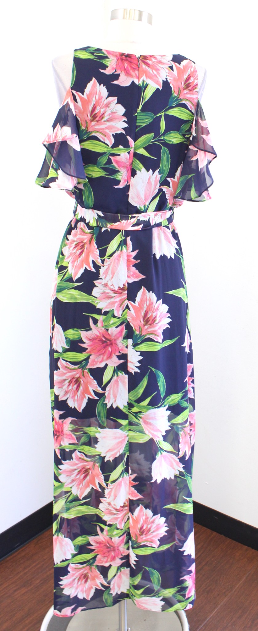 Eliza J Navy Blue Floral Print Flutter Cold Shoulder Tie Waist Maxi Dress Size 4