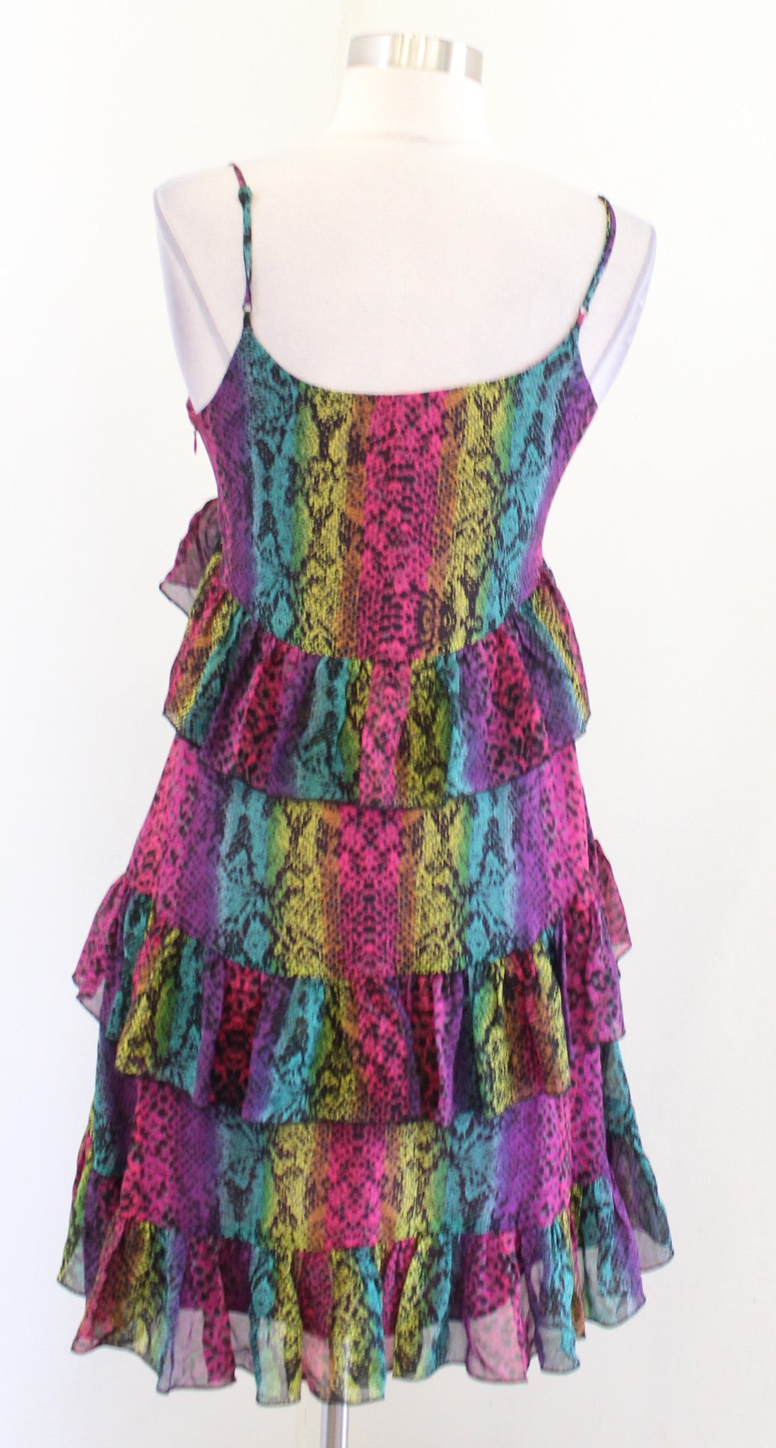 Vtg Betsey Johnson Black Label Silk Ruffle Tiered Snakeskin Print Dress Sz 2 y2k