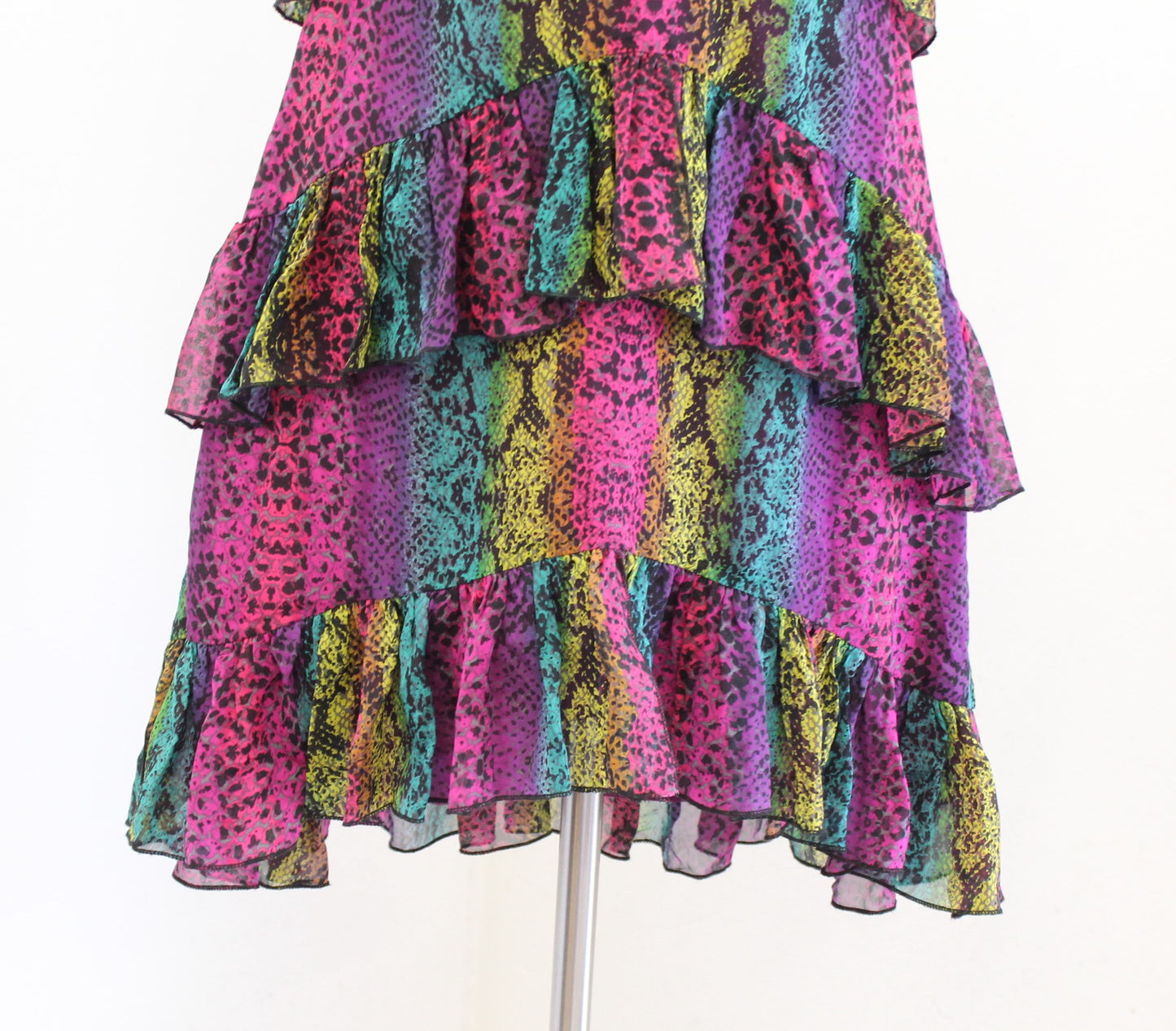 Vtg Betsey Johnson Black Label Silk Ruffle Tiered Snakeskin Print Dress Sz 2 y2k