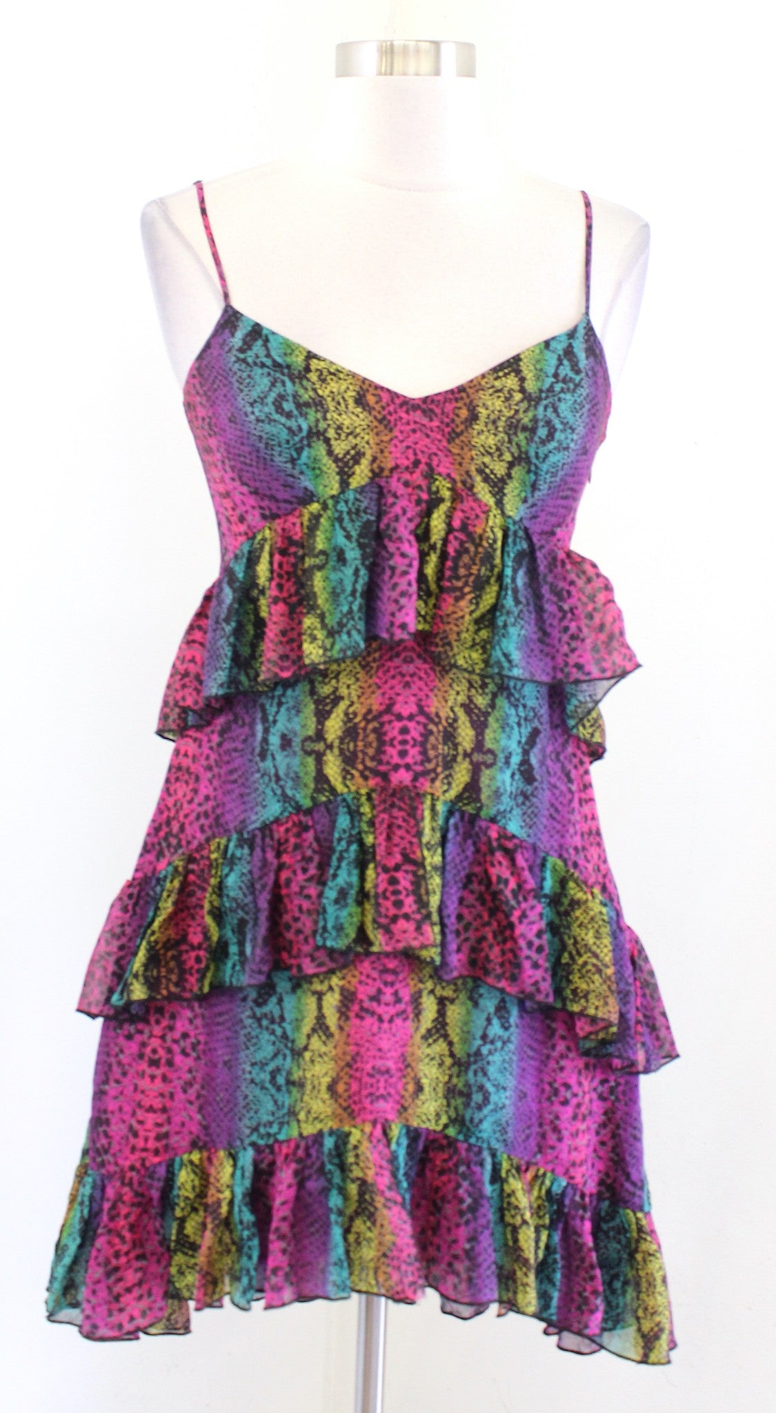 Vtg Betsey Johnson Black Label Silk Ruffle Tiered Snakeskin Print Dress Sz 2 y2k