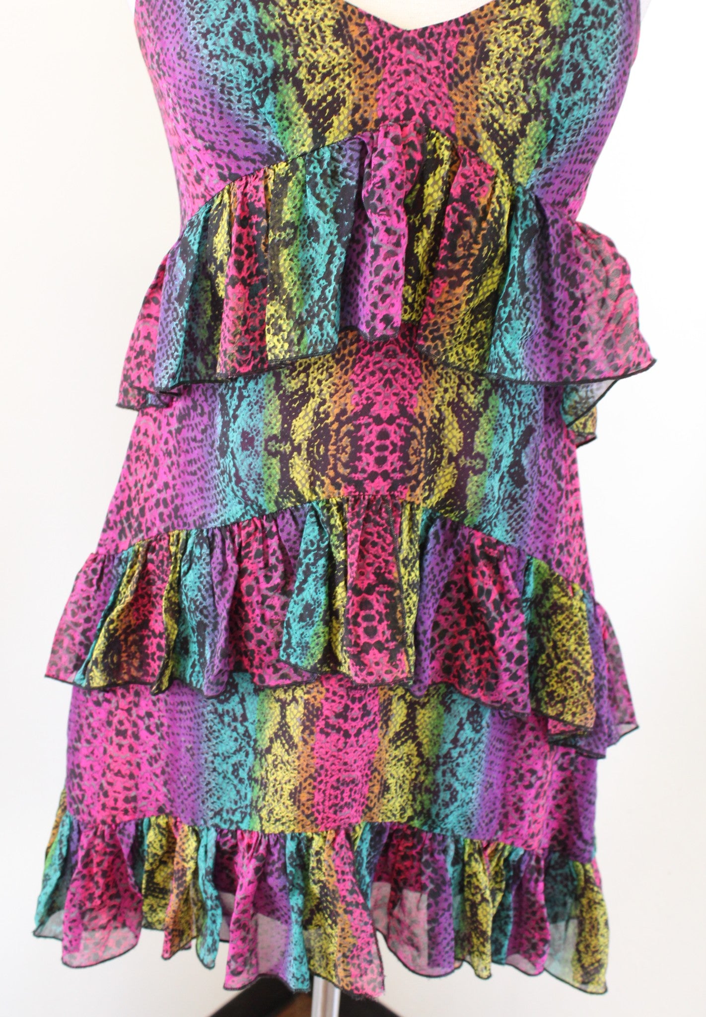 Vtg Betsey Johnson Black Label Silk Ruffle Tiered Snakeskin Print Dress Sz 2 y2k