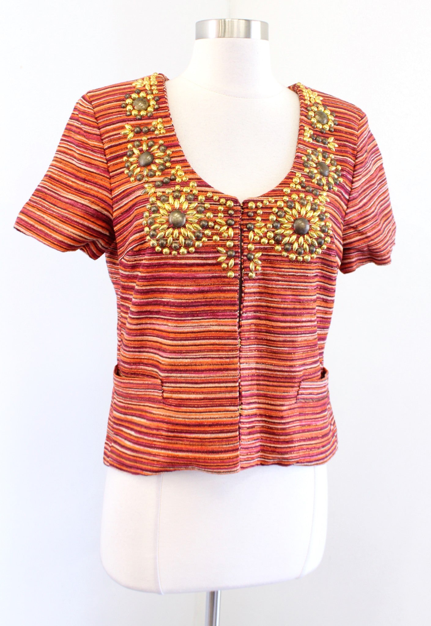 Boston Proper Orange Red Striped Tweed Beaded Embellished Blazer Jacket Size 4