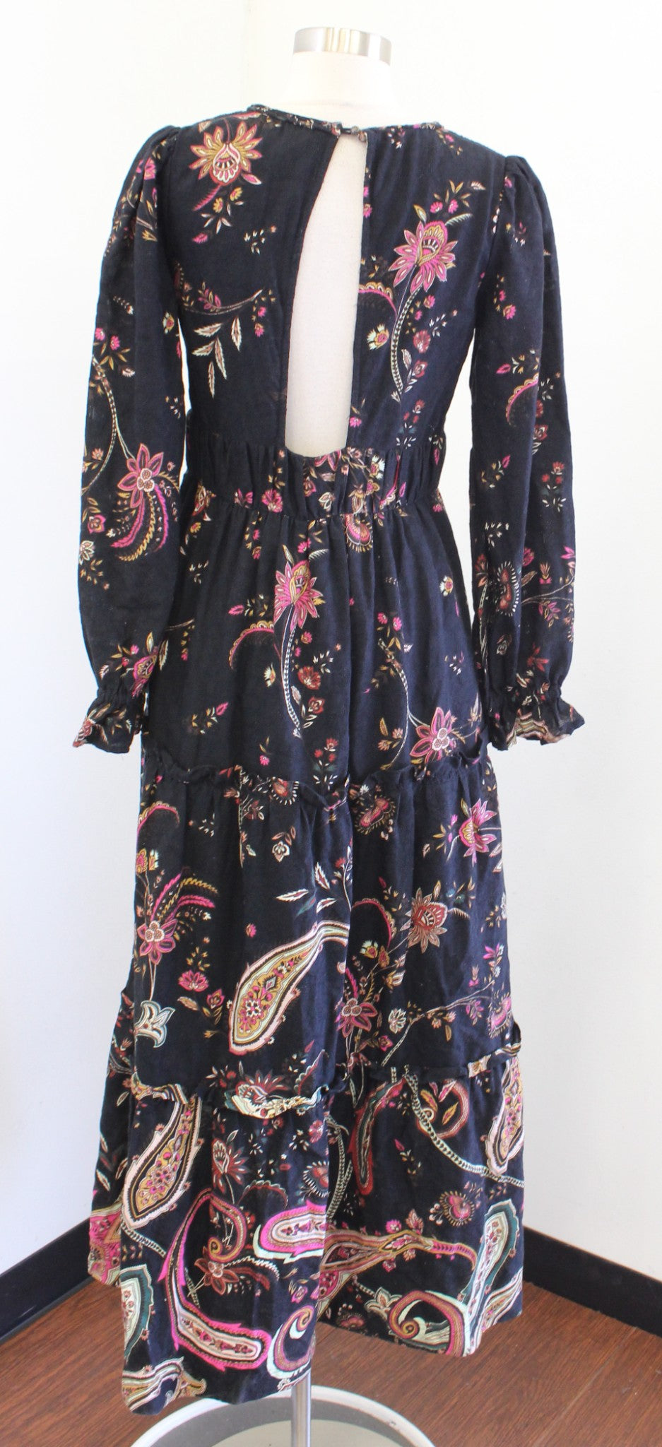 by Anthropologie Black Paisley Print Tiered Maxi Dress Size 6 Open Back Boho