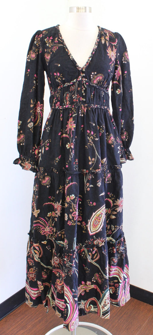 by Anthropologie Black Paisley Print Tiered Maxi Dress Size 6 Open Back Boho