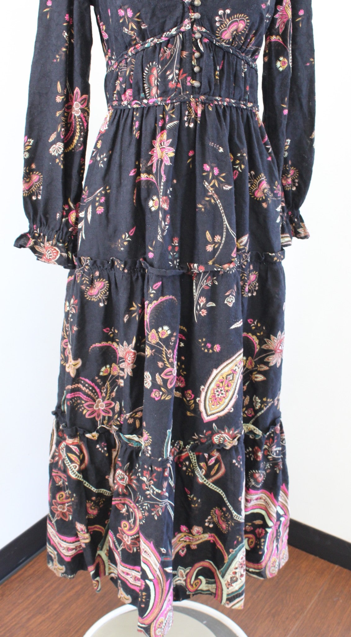 by Anthropologie Black Paisley Print Tiered Maxi Dress Size 6 Open Back Boho