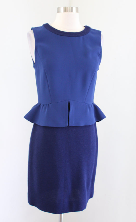 Sandro Navy Blue Two Tone Sleeveless Peplum Sheath Dress Size 1 Wool Knit