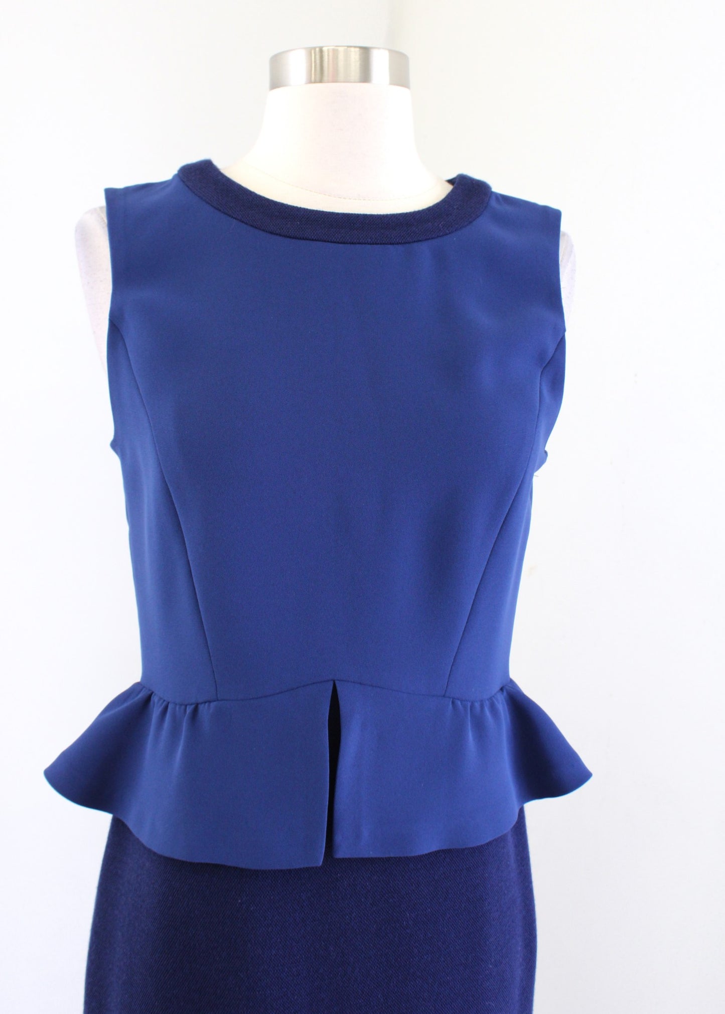 Sandro Navy Blue Two Tone Sleeveless Peplum Sheath Dress Size 1 Wool Knit