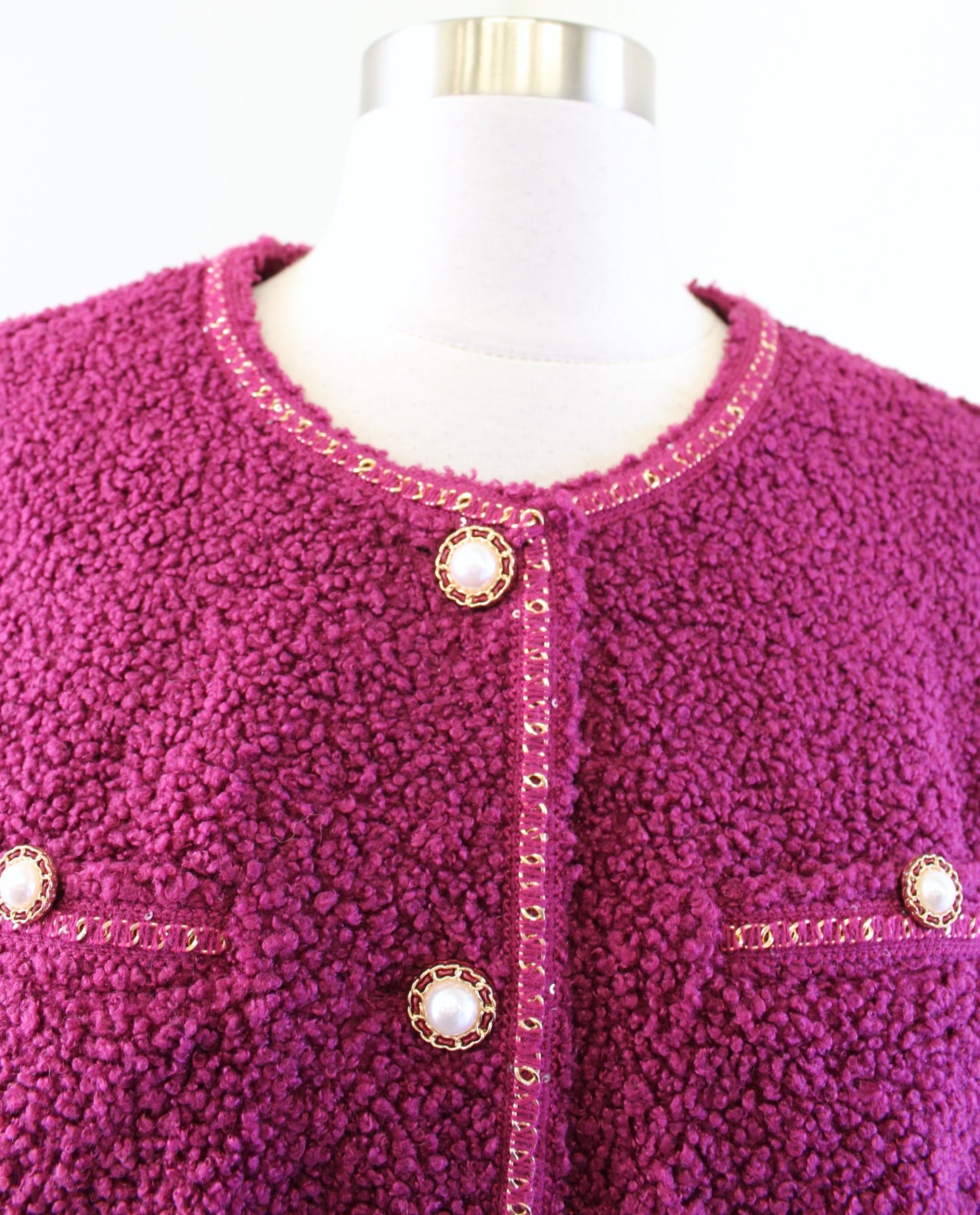 NWT Adrianna Papell Wine Berry Boucle Tweed Chain Trim Blazer Jacket Sz S Pearl