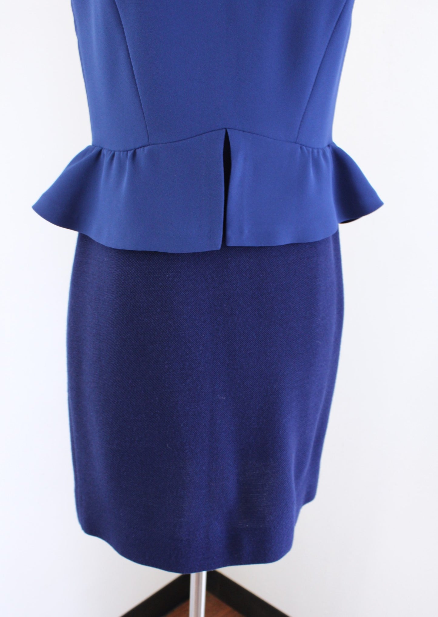 Sandro Navy Blue Two Tone Sleeveless Peplum Sheath Dress Size 1 Wool Knit