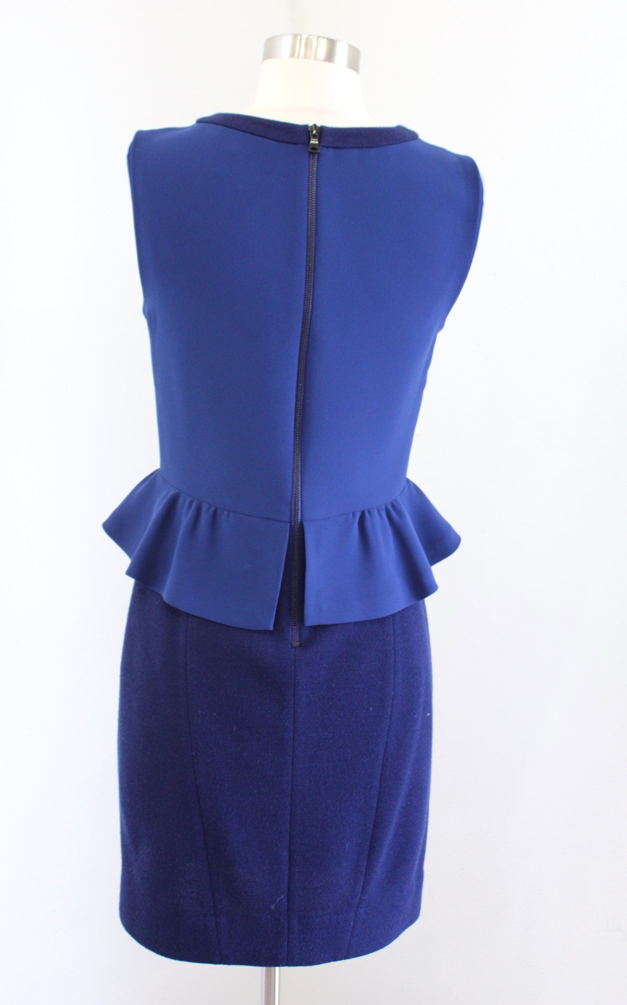 Sandro Navy Blue Two Tone Sleeveless Peplum Sheath Dress Size 1 Wool Knit