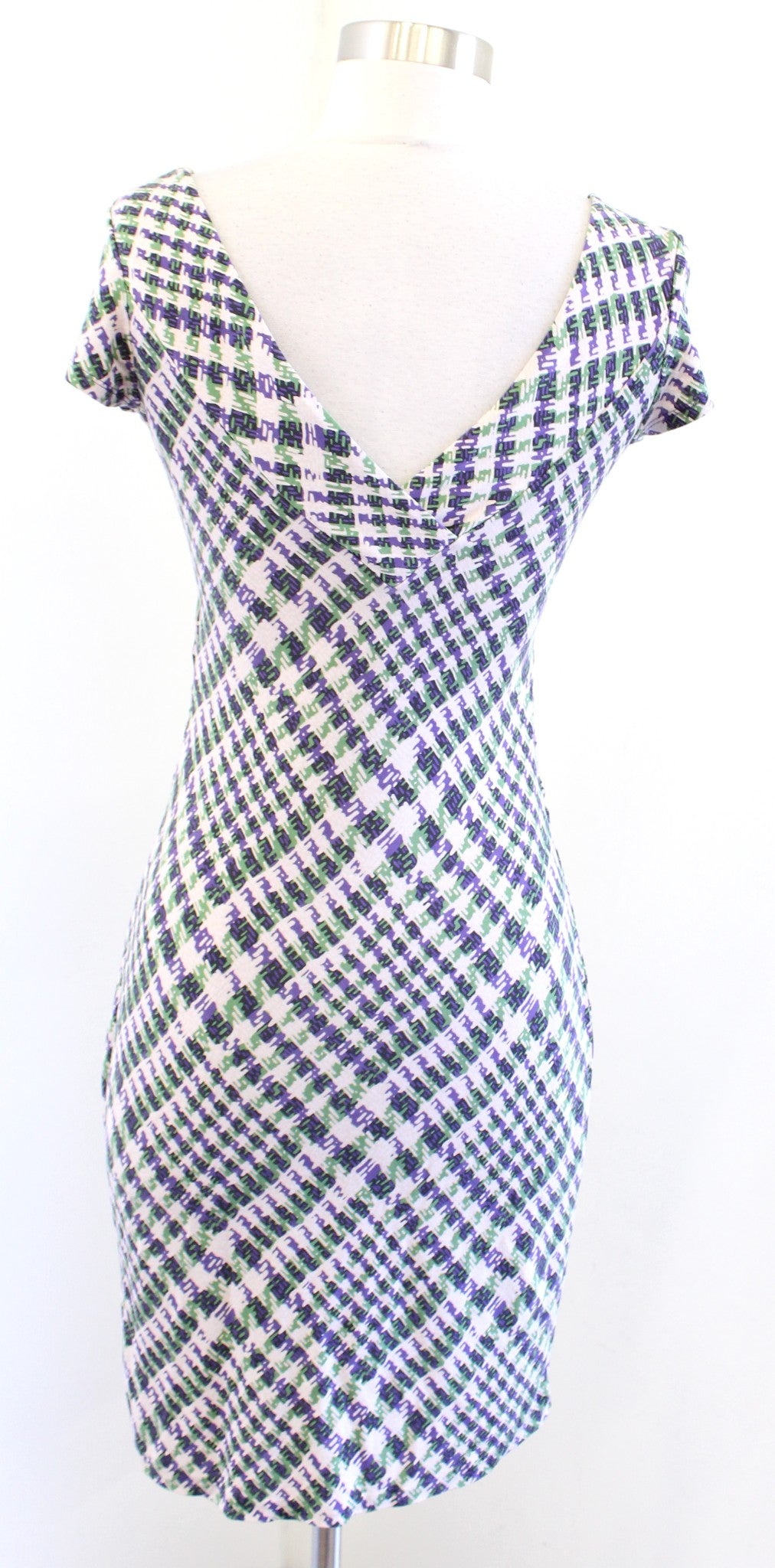 Diane Von Furstenberg Estovan Silk Jersey Plaid Dress Size 2 Ruched Green Purple