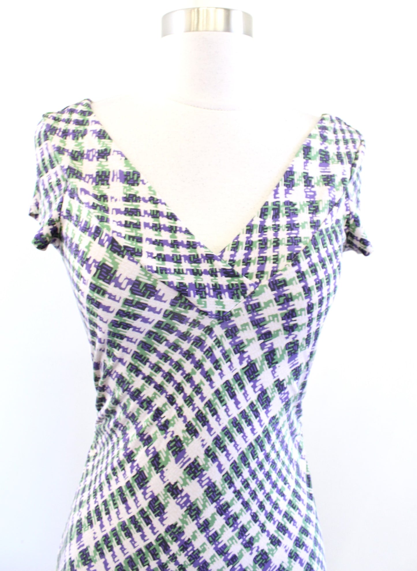 Diane Von Furstenberg Estovan Silk Jersey Plaid Dress Size 2 Ruched Green Purple