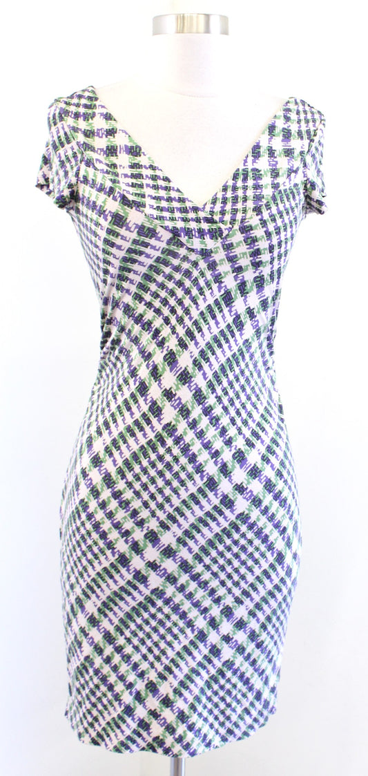 Diane Von Furstenberg Estovan Silk Jersey Plaid Dress Size 2 Ruched Green Purple