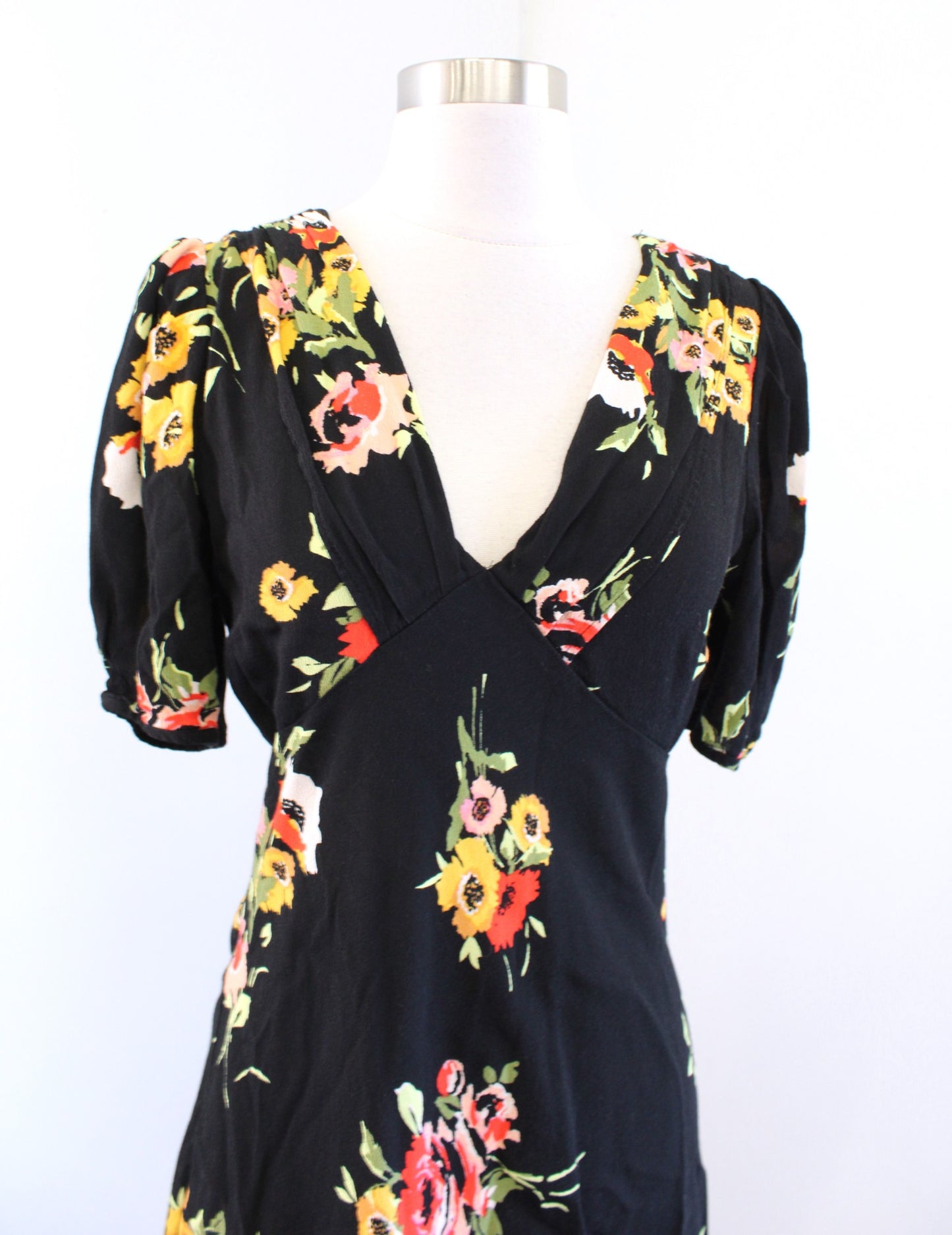 Free People Neon Garden Black Floral Print Mini Dress Size 8 V Neck Multi Color