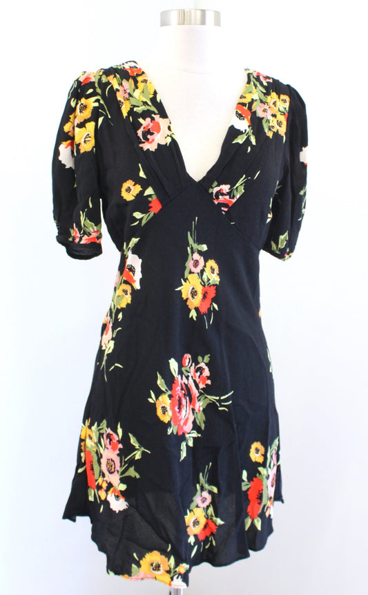 Free People Neon Garden Black Floral Print Mini Dress Size 8 V Neck Multi Color