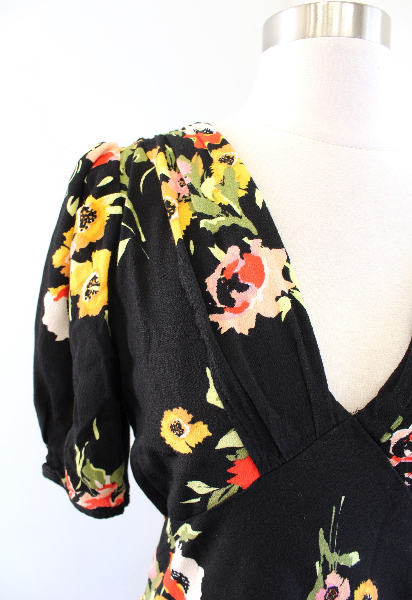 Free People Neon Garden Black Floral Print Mini Dress Size 8 V Neck Multi Color