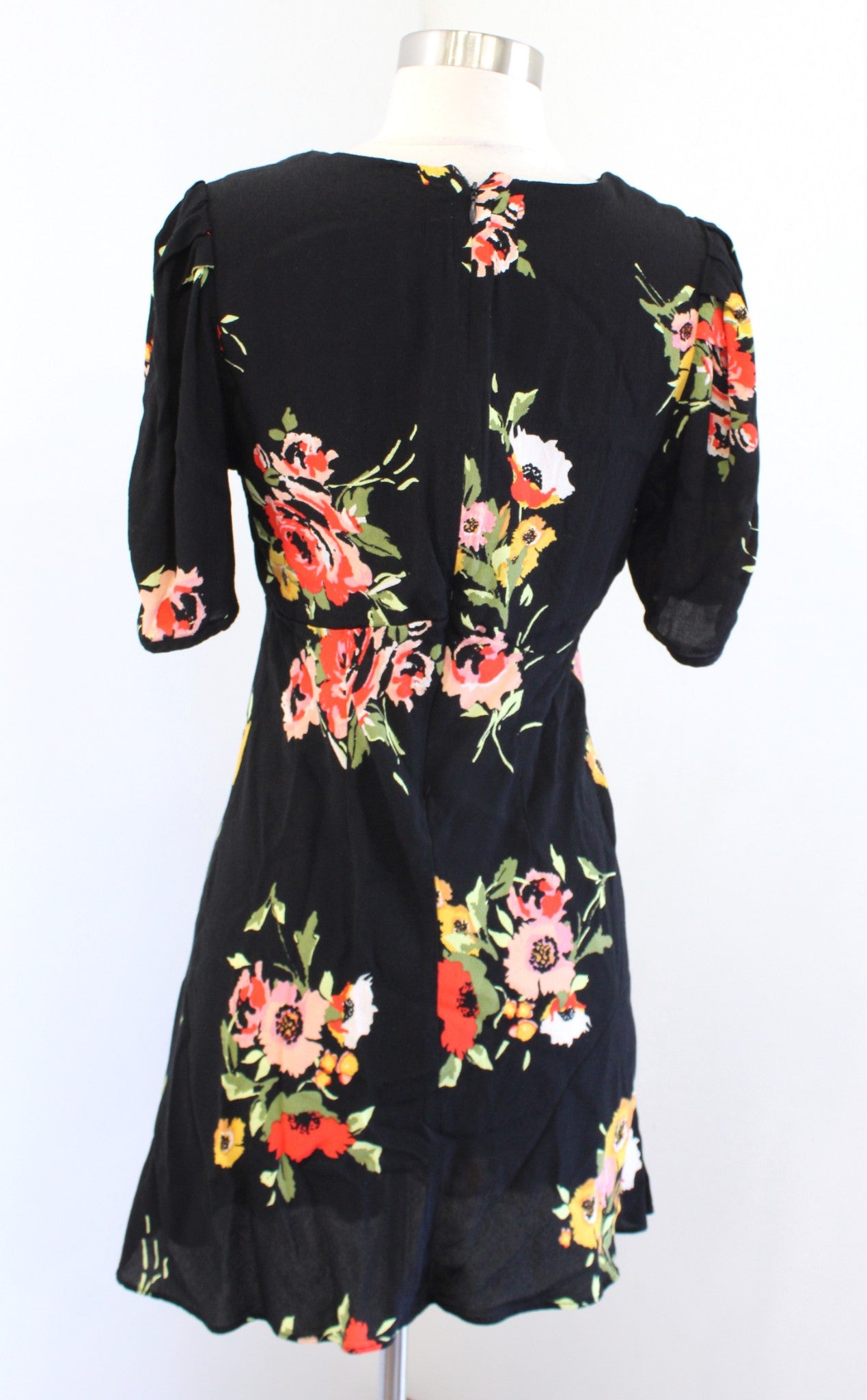 Free People Neon Garden Black Floral Print Mini Dress Size 8 V Neck Multi Color