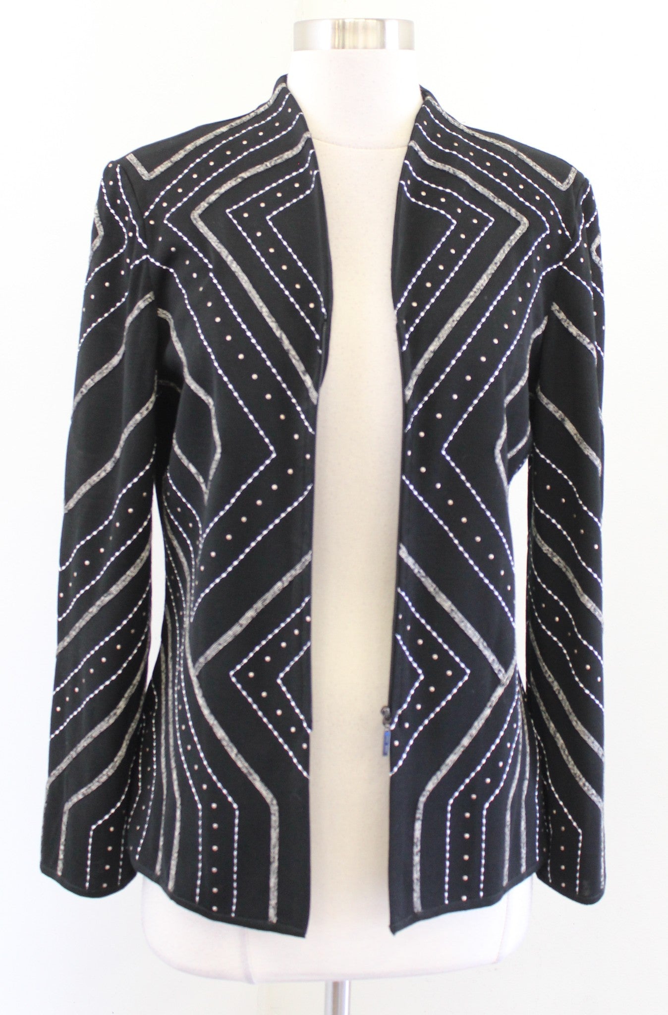 Ming Wang Black Embroidered Studded Embellished Zip Front Knit Jacket Size S